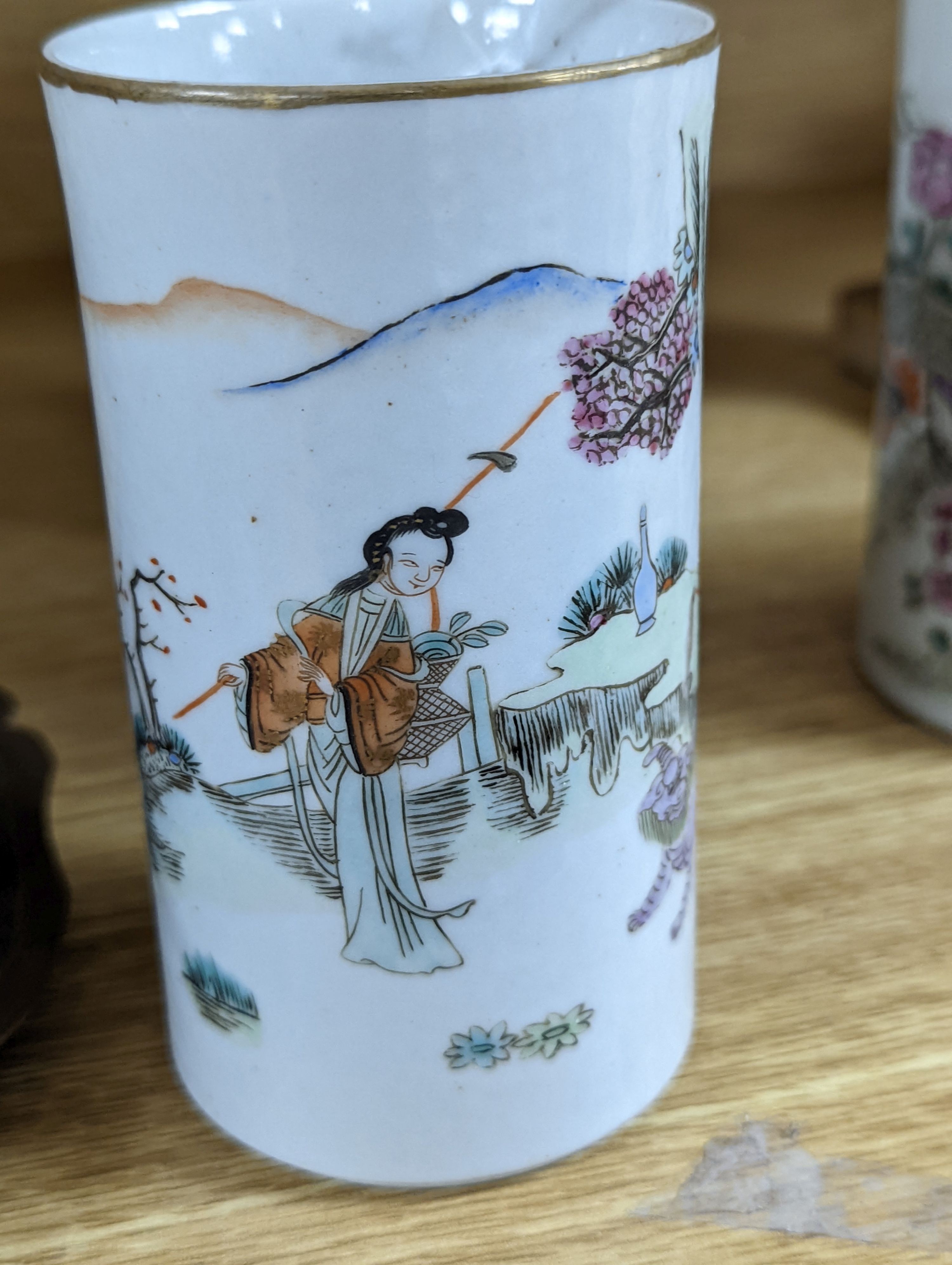 Three Chinese famille rose brush pots, 12cm